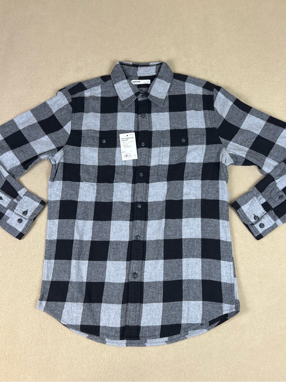 Sonoma The Supersoft Flannel Shirt. 100% Cotton, Plaid. Black. Men's Sz Small